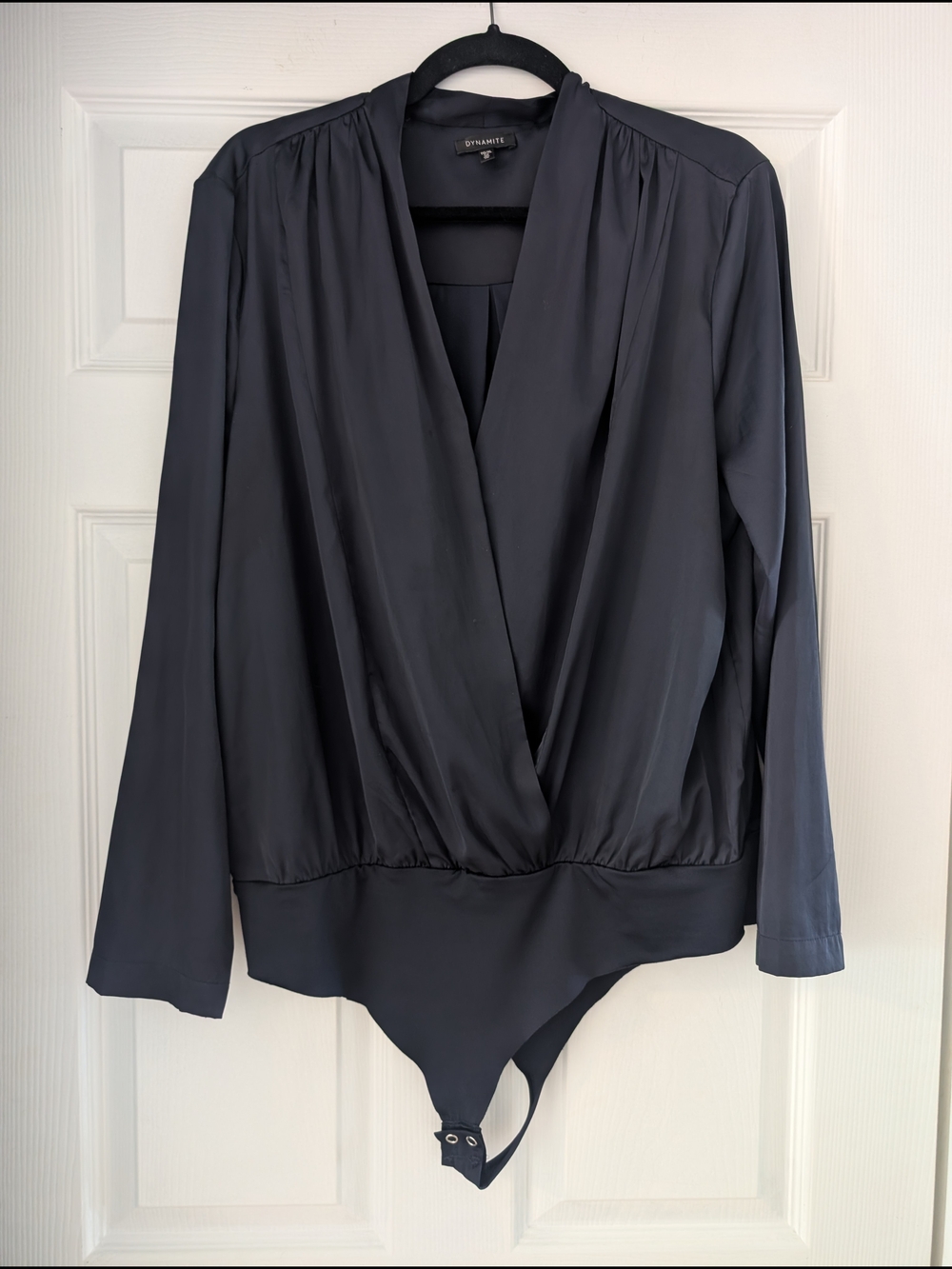 Dynamite Satin Navy Draped Long Sleeve Bodysuit